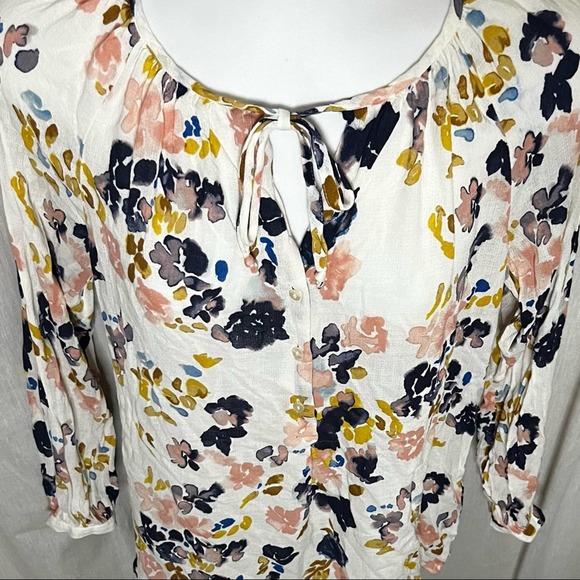 Lucky Brand White & Multicolor Floral-Print Peasant Tie Neck Crepe Blouse - Picture 4 of 16